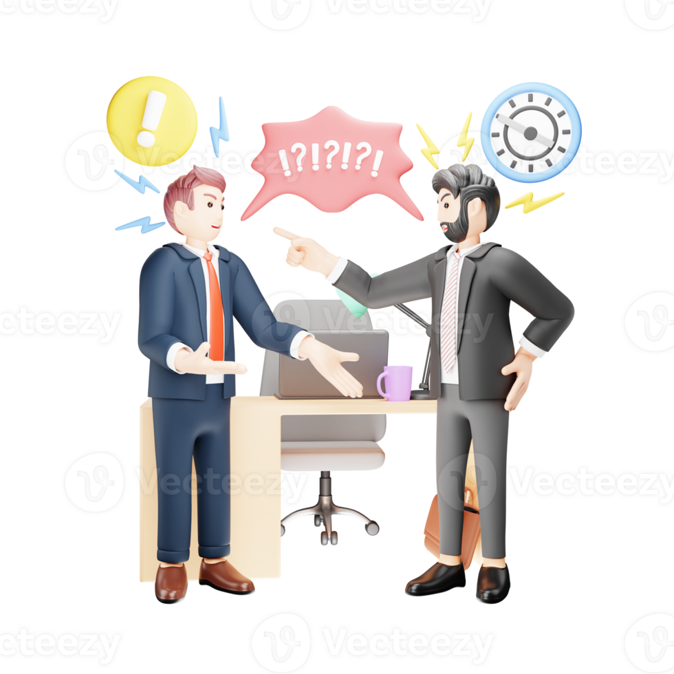 conflict in kantoor tussen arbeider en leidinggevende - 3d karakter illustratie in bedrijf png