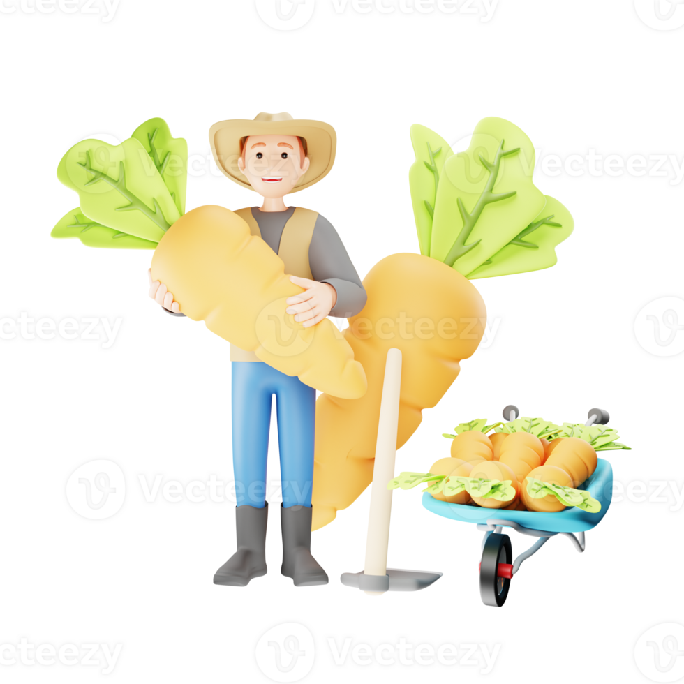 3D Farmer Character Harvesting Root Crops in Rural Field png