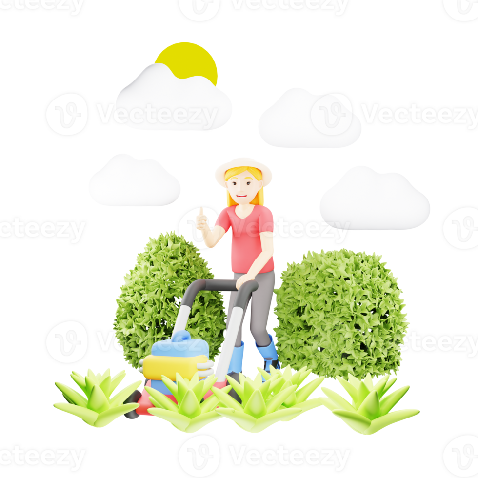 Woman Cutting Grass with Mower - 3D Character Illustration png