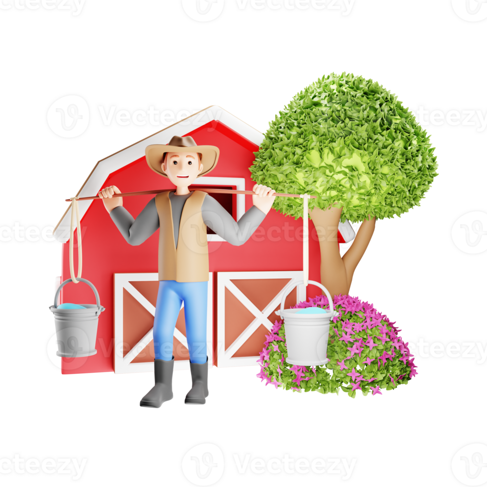 Farmer Carrying Two Buckets for Watering Plants - 3D Character Illustration png