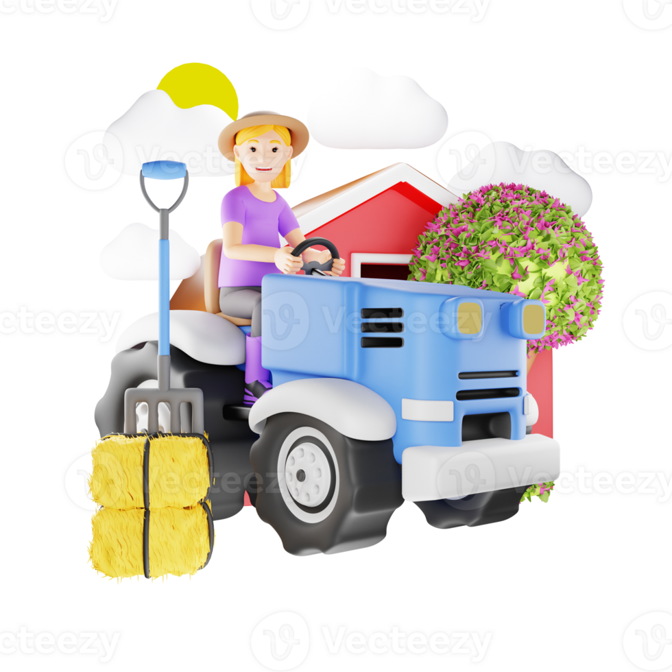 3D Character Illustration of Woman Maintaining Garden with Compact Tractor png