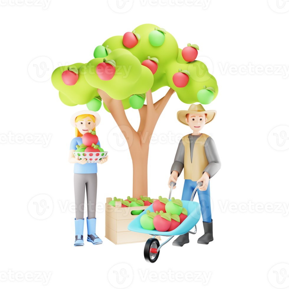 Farmer Couple Harvesting Apple - 3D Character Illustration png