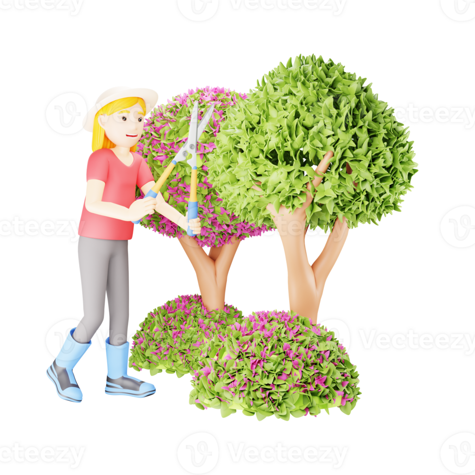 Woman Pruning Small Tree - 3D Character Illustration png