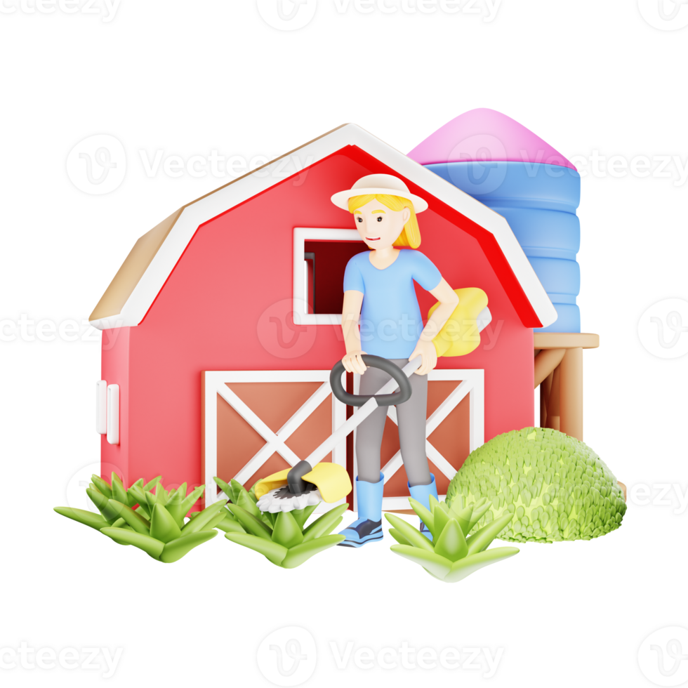 vrouw tuin arbeider met gras trimmer - 3d karakter illustratie png