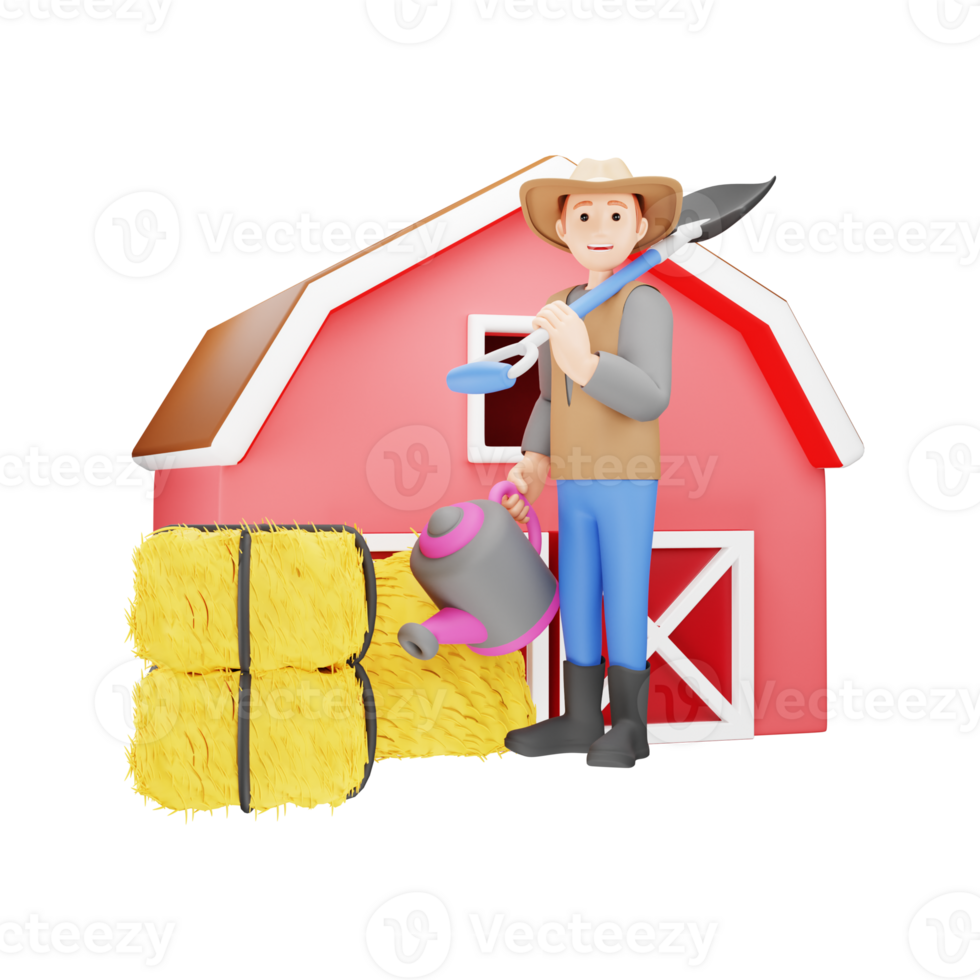 Man Farmer Holding Shovel and Watering Can - 3D Character Illustration png