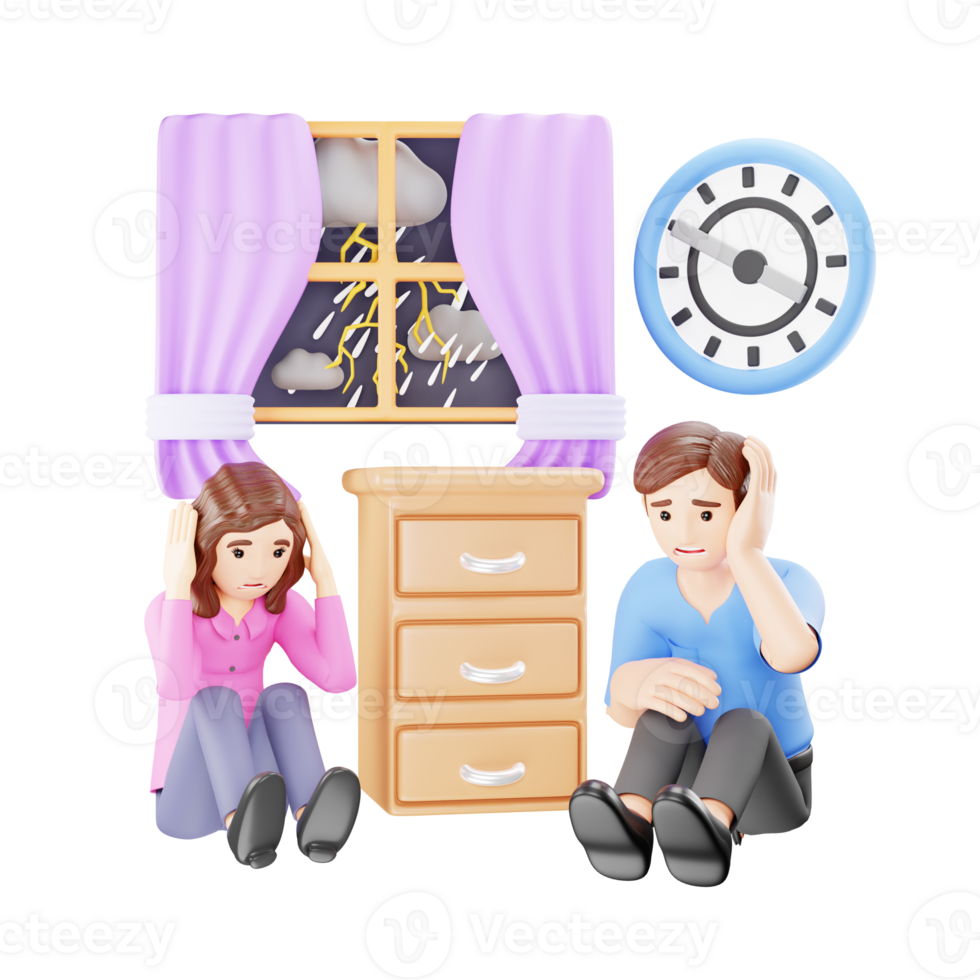 Man and Woman Afraid of Thunder - 3D Character Illustration png