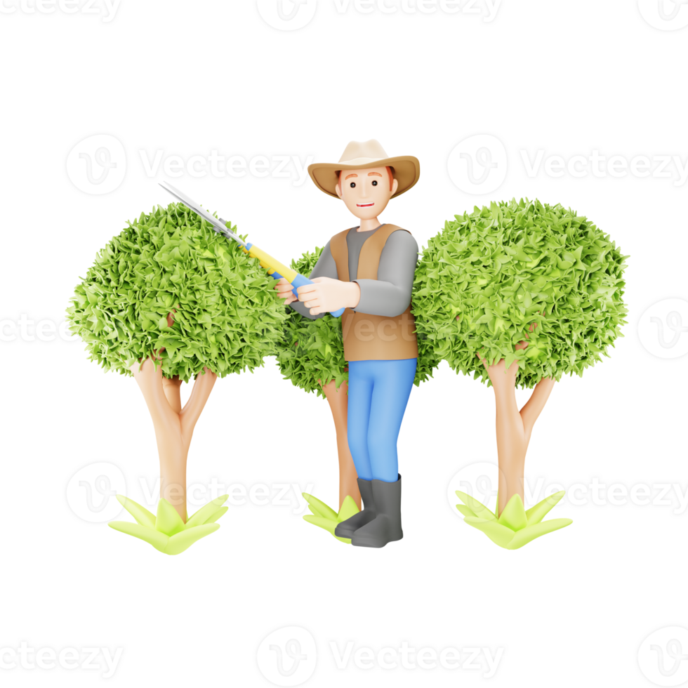 3D Character Illustration of Man with Pruner Scissors Cutting Branches png