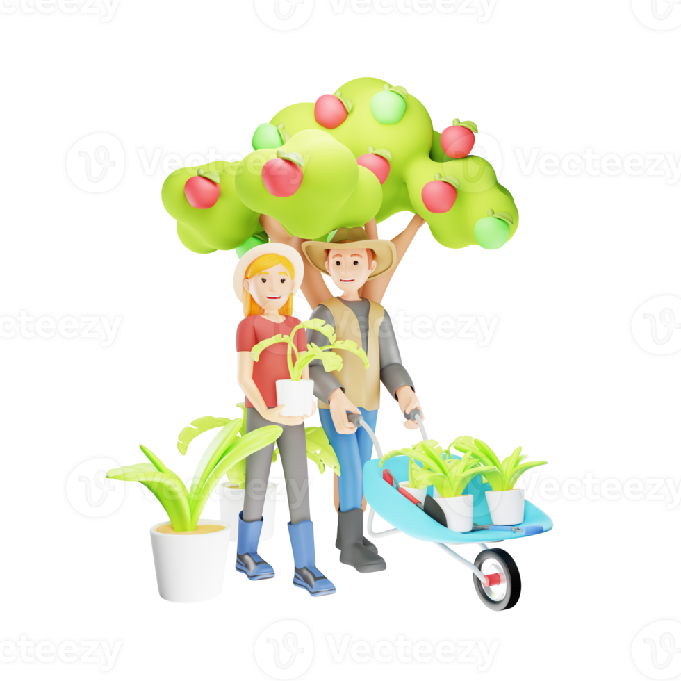 3D Character Illustration of Couple Farmers Doing Gardening Together on Farm png