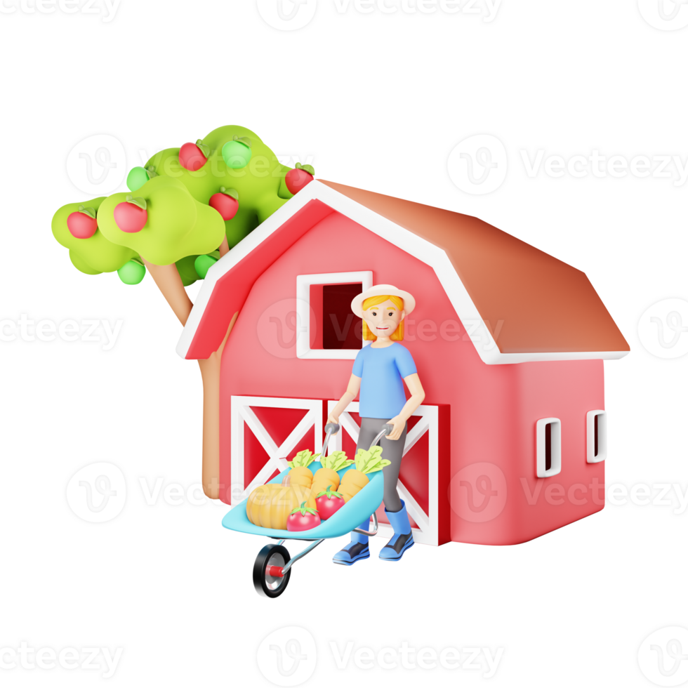 Female Farmer Pushing Wheelbarrow with Harvest of Vegetables - 3D Character Illustration png