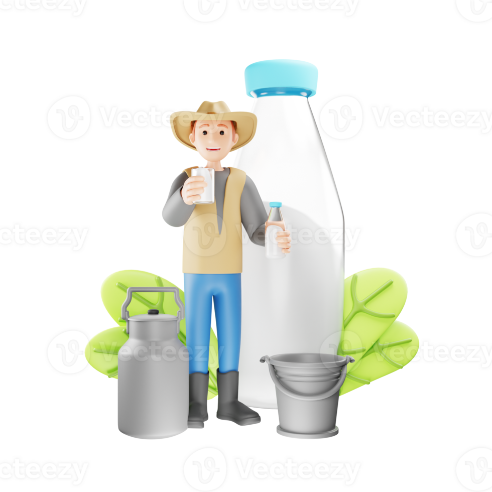 Farmer Producing Fresh Drinkable Milk Bottle - 3D Character Illustration png