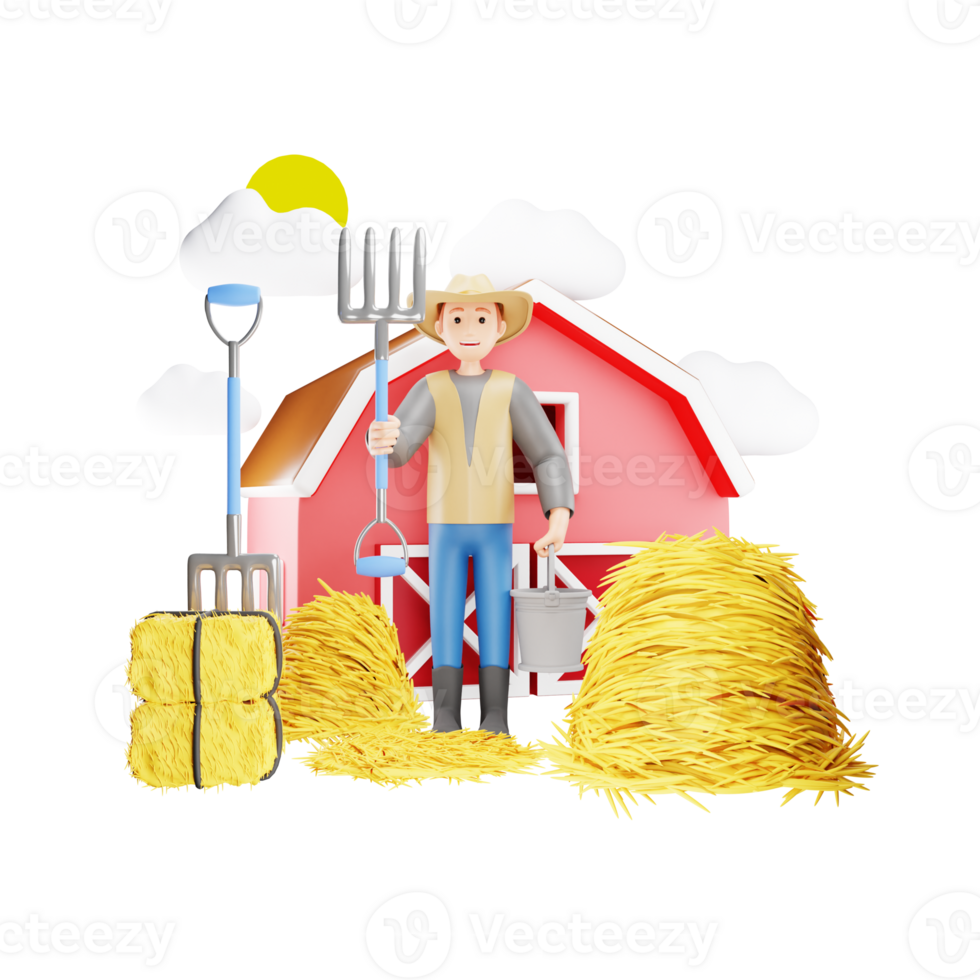 Farmer Weeding Haystack with Farming Fork - 3D Character Illustration png