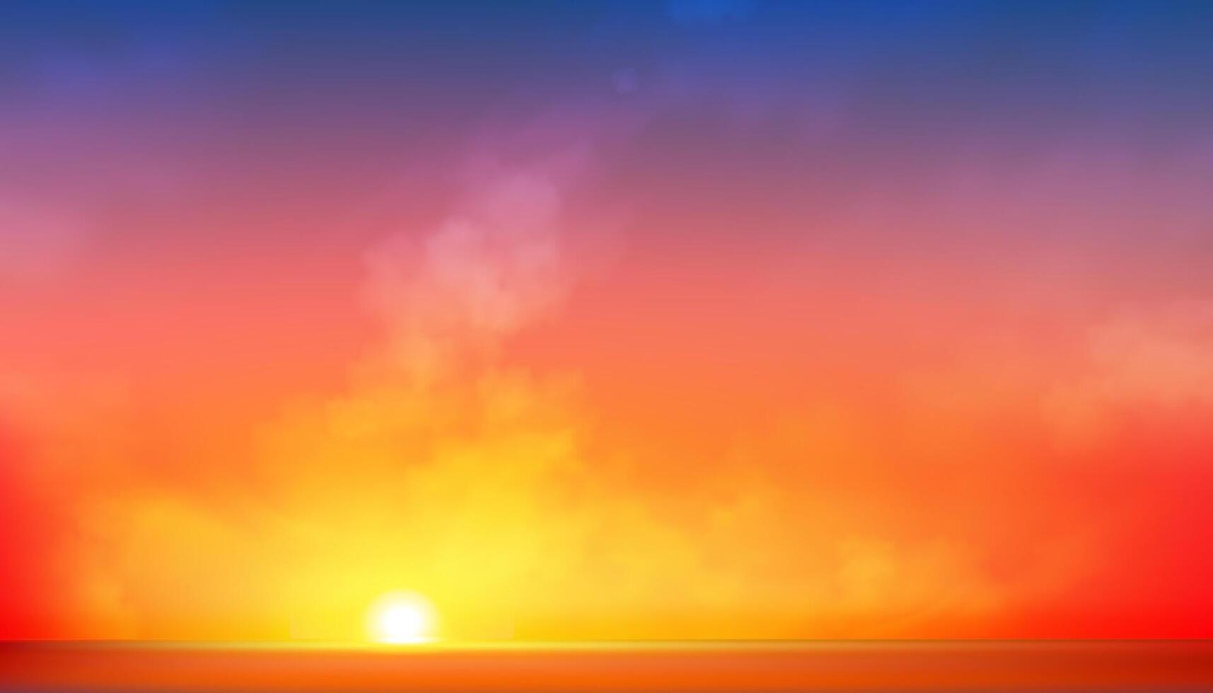 rojo puesta de sol cielo fondo, amanecer nube naranja, amarillo, rosa, azul en Mañana verano, soleado otoño, naturaleza paisaje en tarde.invierno luz del sol, ilustración horizonte primavera puesta del sol por mar playa vector