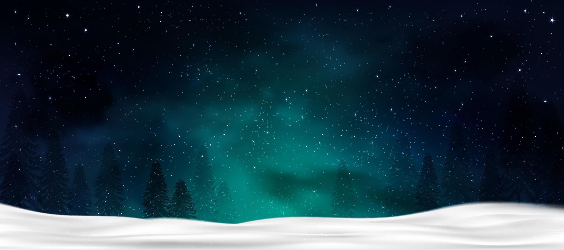 Navidad fondo invierno noche cielo oscuro azul con estrellado, nevado en bosque paisaje con abetos, coníferas bosque pino y que cae nieve, pancarta para navidad, nuevo año Días festivos 2025 saludo tarjeta vector