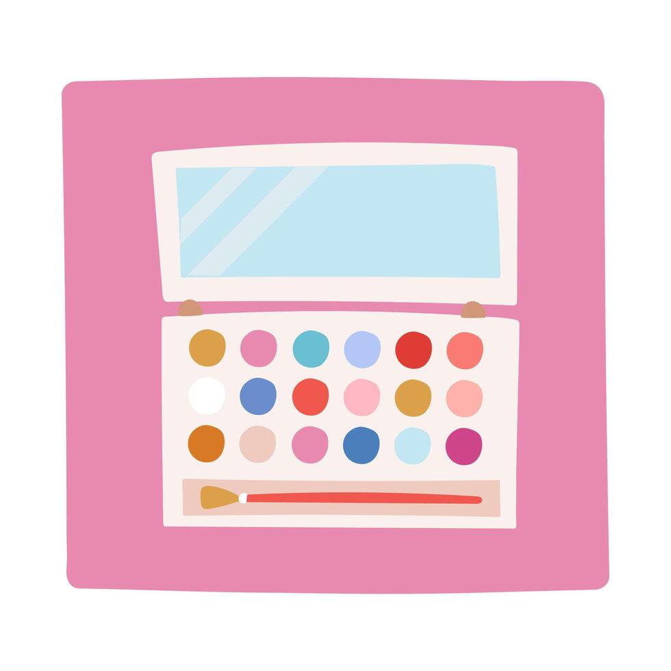 Cute colorful doodle of eyeshadow palette with brush and mirror. Cosmetic product for daily make up. Funny simple cartoon illustration for makeup isolated on background vector