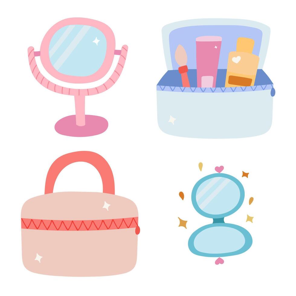 Cute simple cartoon with set for make up. Clipart of opened and closed cosmetic bag with brush, cream and lotion, cosmetic products, funny face mirror. colorful illustration isolated. vector