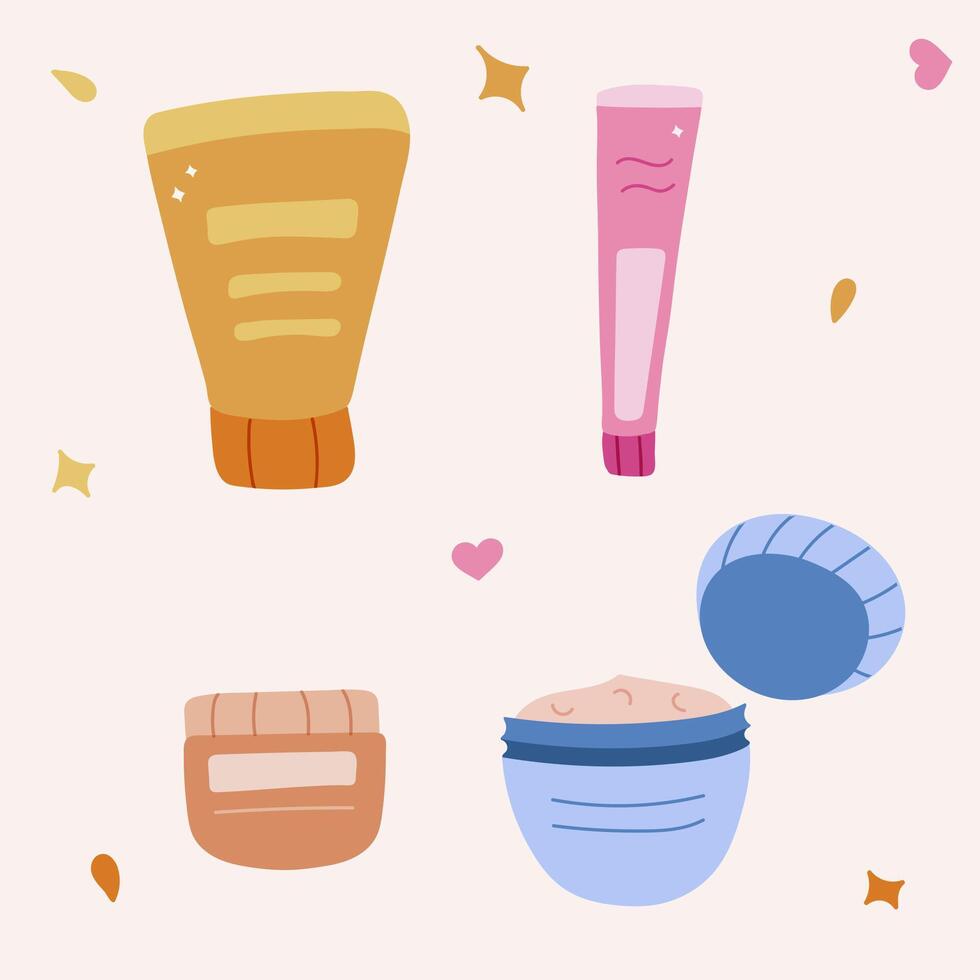 Cute clipart set with cosmetic products. Doodle of Bottle, cream, jar with screwed-off lid, face mask for skin care. hand drawn simple cartoon with jars, bottles and tubes vector