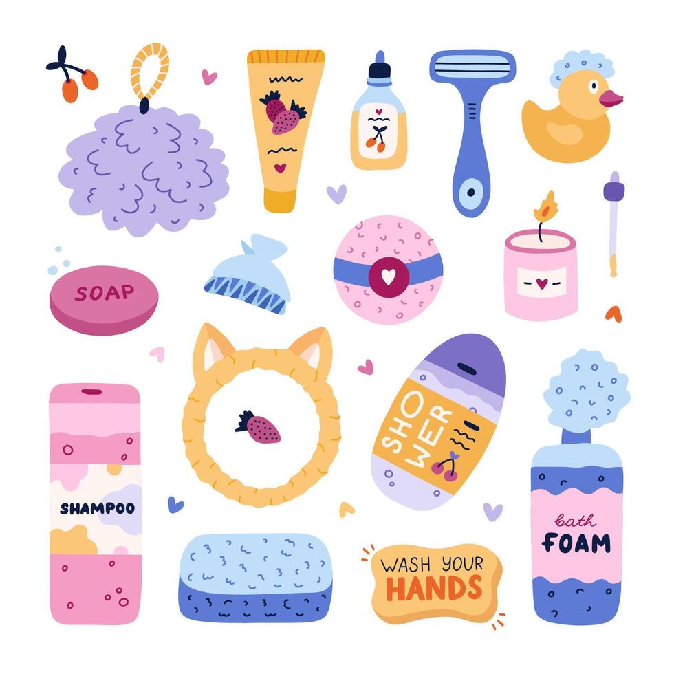 Cute hand drawn clipart set of hygiene items, bathroom accessories. Products for skincare, beauty, body care, self love in trendy cartoon style. Soap, shower, microfiber towel, shampoo, cream, oil vector