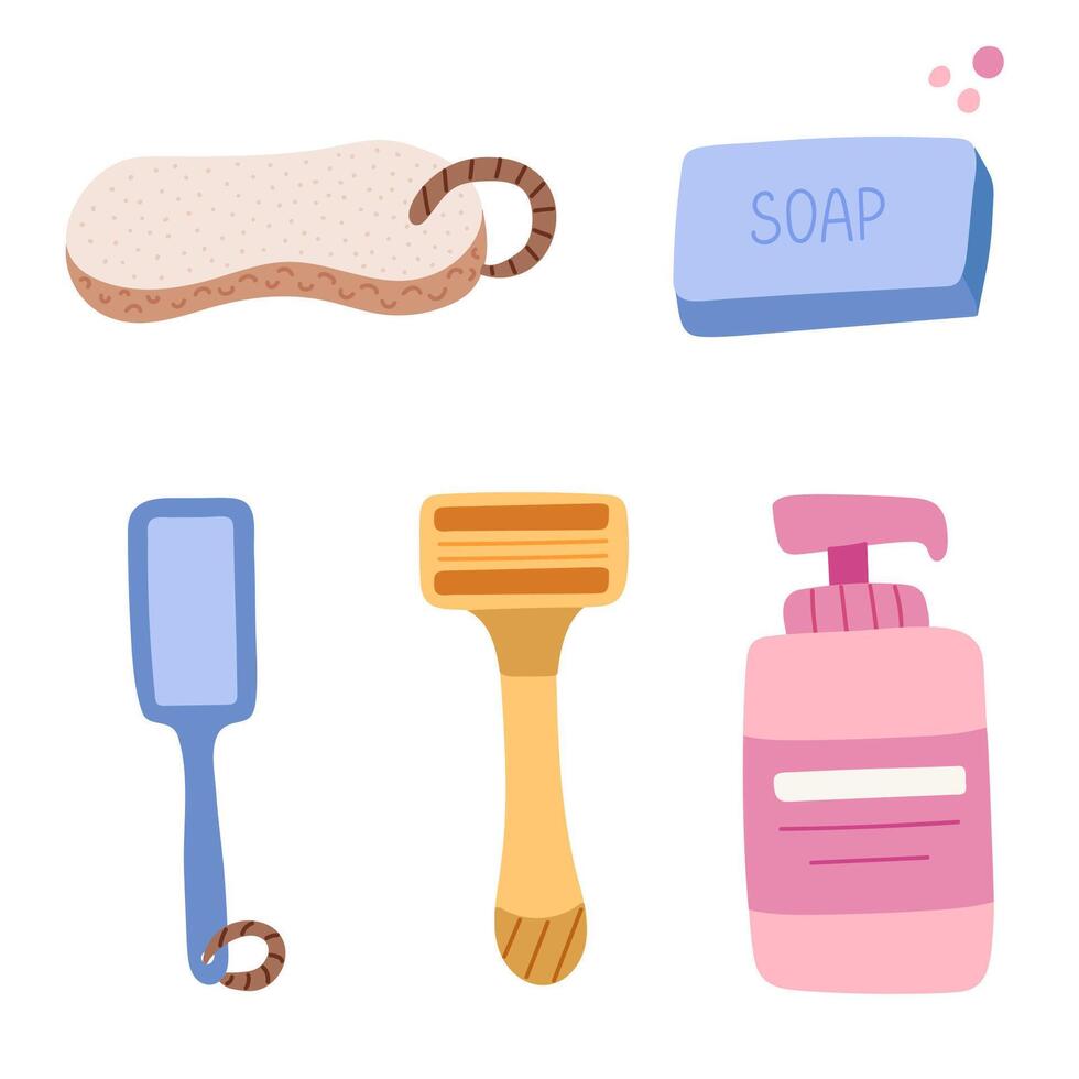 Cute hand drawn set with razor, soap and bubbles, different type of pumice, bottle with a liquid antibacterial soap or shower gel. Clipart illustration about body care, things for the bath vector