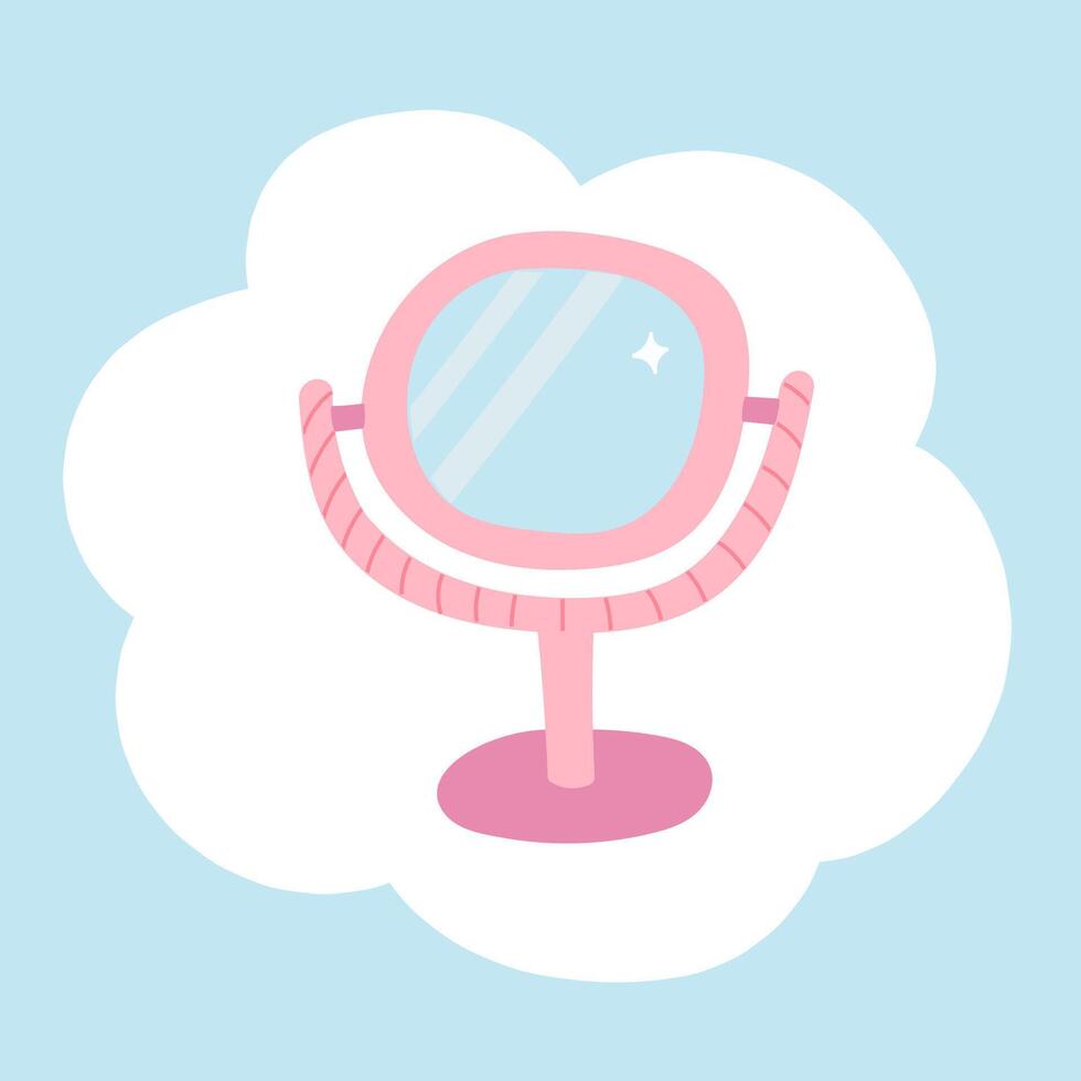 Cute colorful poster with makeup mirror on stand in the shape of cloud. Doodle of vanity table mirror with reflective glass for daily beauty procedure. Funny cartoon illustration. vector