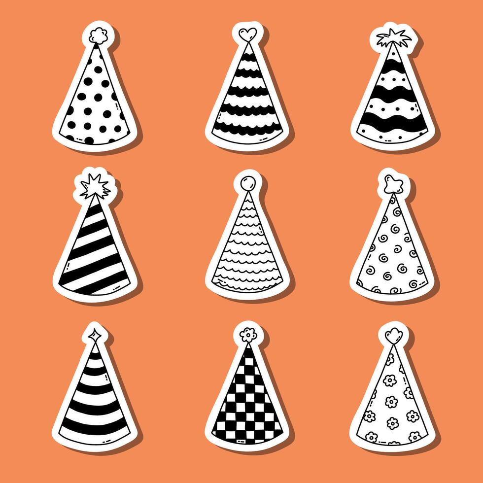 Set of stickers with hand drawn birthday doodle for planners, notebooks. Ready for print list of cute stickers with party cone. Simple birthday party hat in black and white with hand drawn outline vector