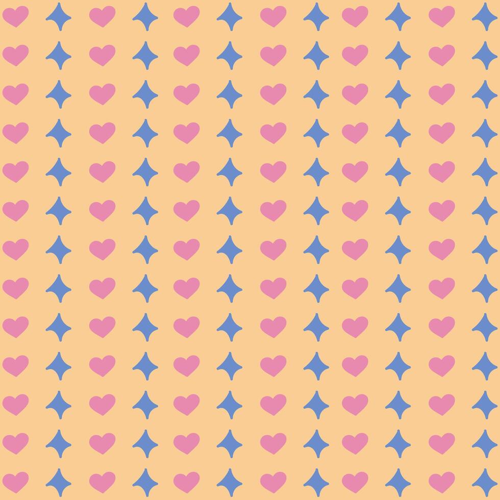 Cute seamless pattern with hearts and stars in groovy style. Geometric backdrop with retro design for wrapping, poster, fabric, scrapbook. Digital paper with simple colorful cartoon illustration. vector