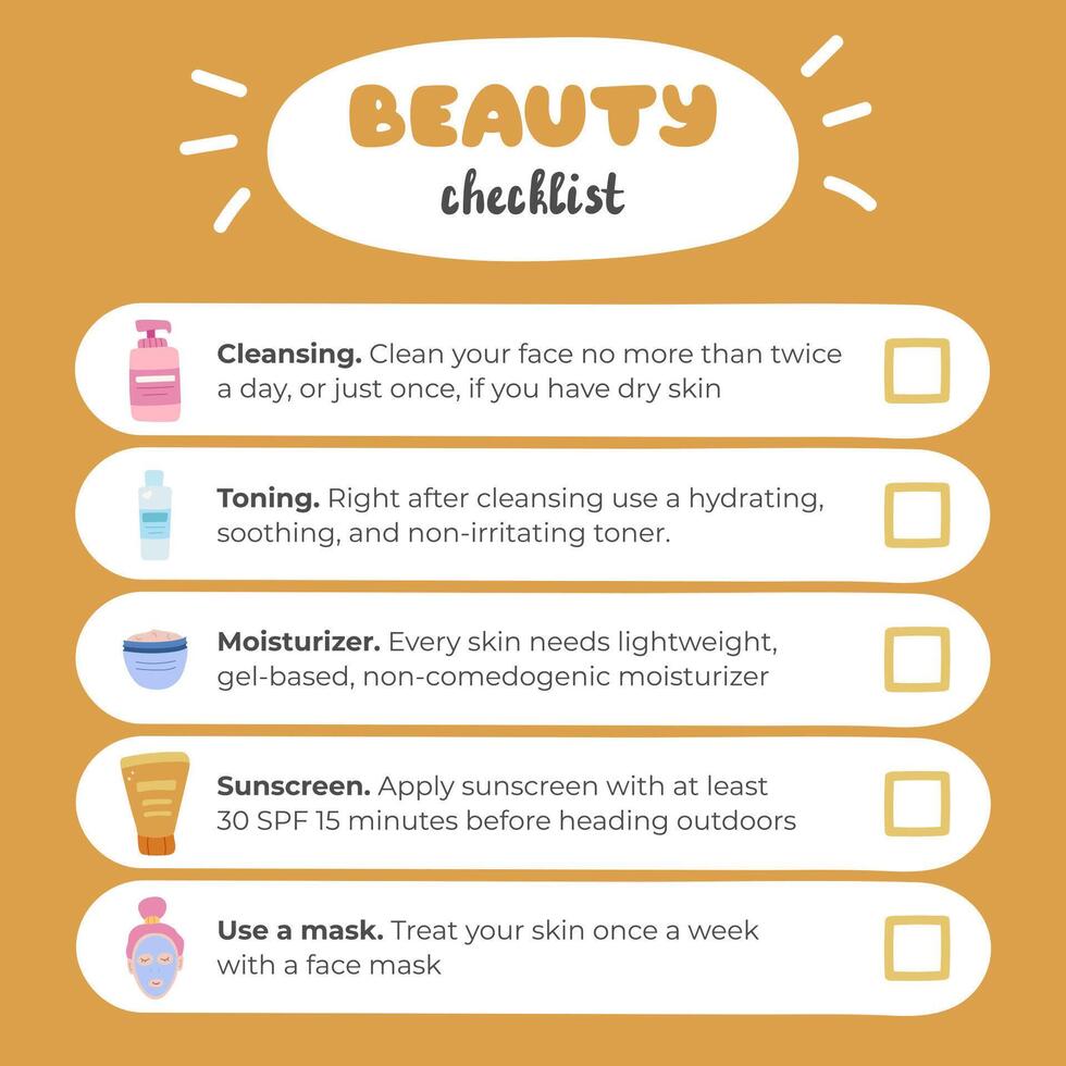 Beauty checklist about skin care with cute hand drawn illustrations. Reminder of the right care sequence for beautiful and healthy face. Checklist is perfect for planners, notebook vector