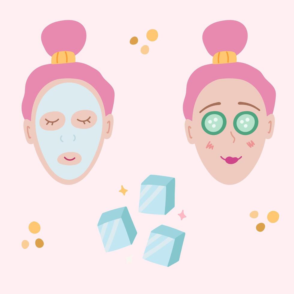 Cute hand drawn set with ice cubes and a girl with a cucumber on her eye and a face mask. Girl with a pink hair, relaxing during beauty care procedures in the bathroom. Clipart illustration. vector