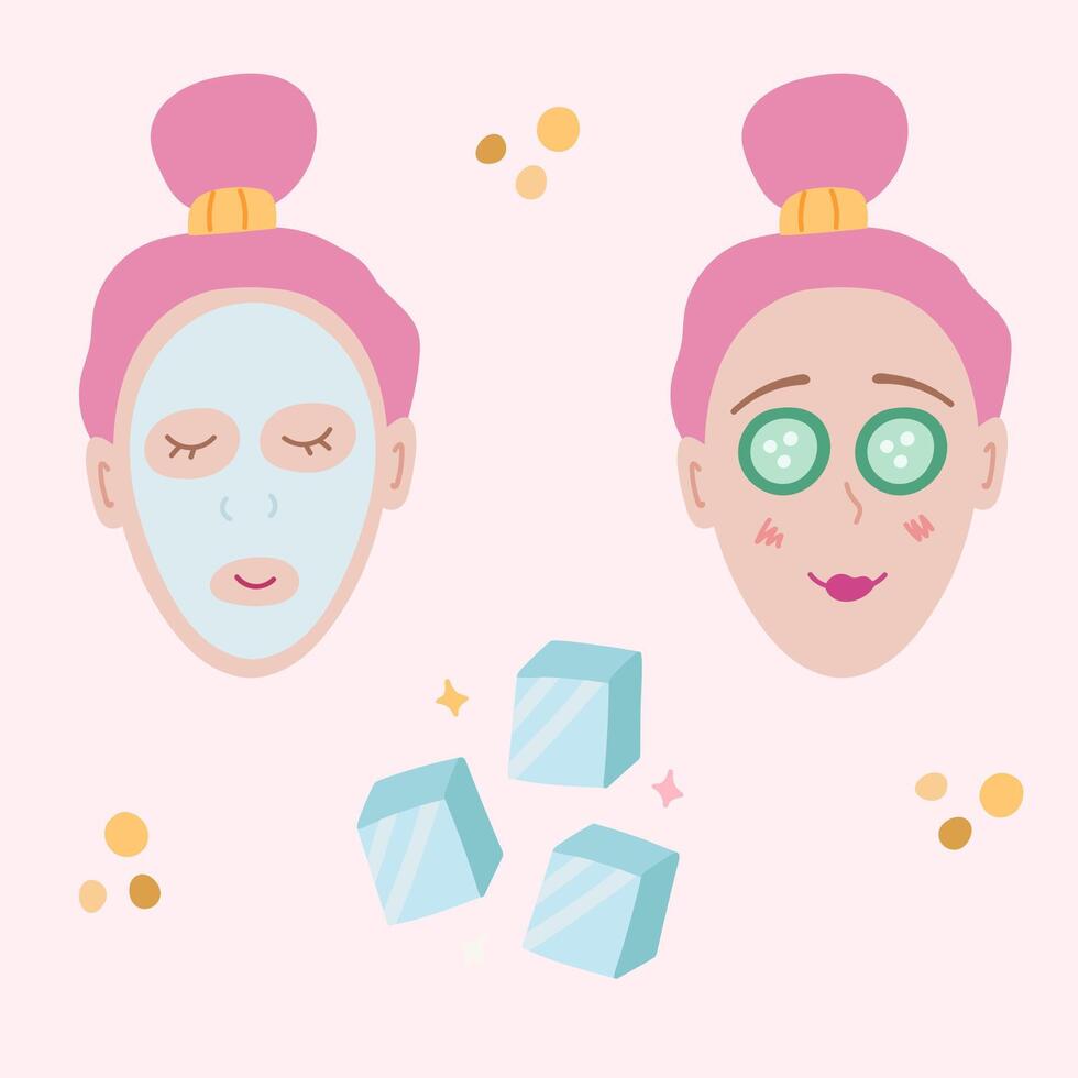 Cute hand drawn set with ice cubes and a girl with a cucumber on her eye and a face mask. Girl with a pink hair, relaxing during beauty care procedures in the bathroom. Clipart illustration. vector