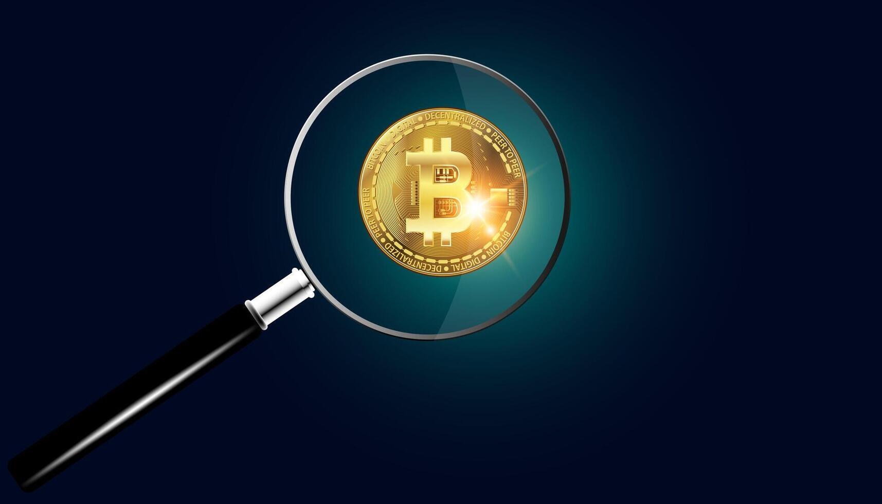 Image of a magnifying glass and bitcoins looking at the idea of mining bitcoins, buying more, or collecting and searching for them. vector
