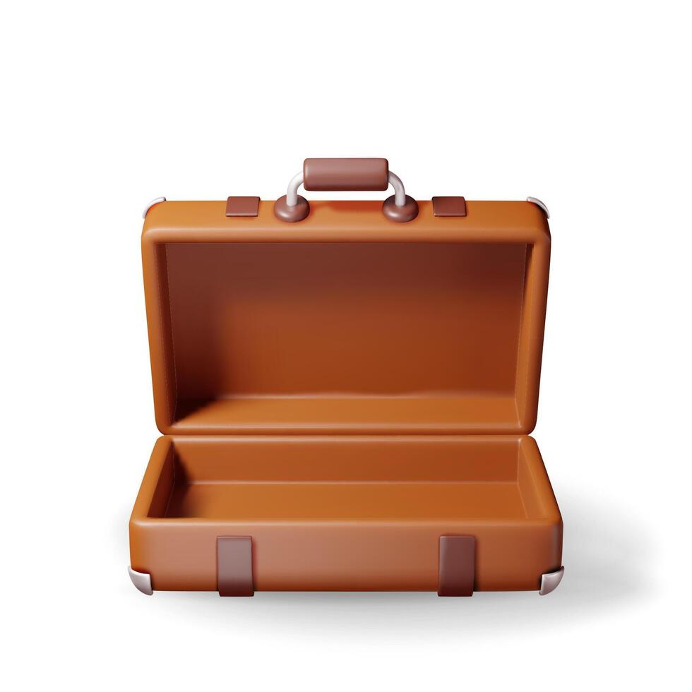 3d abierto Clásico antiguo viaje maleta aislado. hacer cuero retro bolsa. marrón maletín con cinturones viaje equipaje y equipaje. fiesta o vacaciones transporte vector