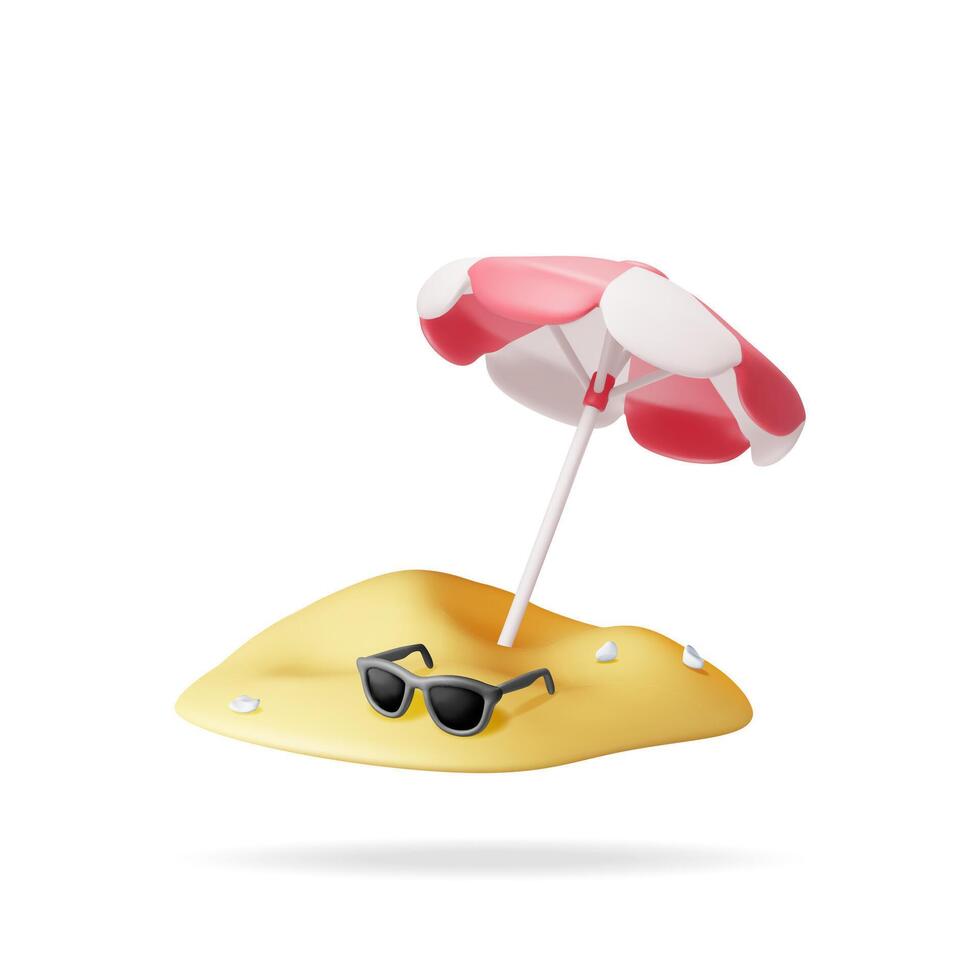 3d Red Beach Umbrella in Sand Isolated on White. Render Sun Shade Parasol with Sunglasses. Concept of Summer Holiday, Time to Travel. Beach Tanning Umbrella. Illustration vector