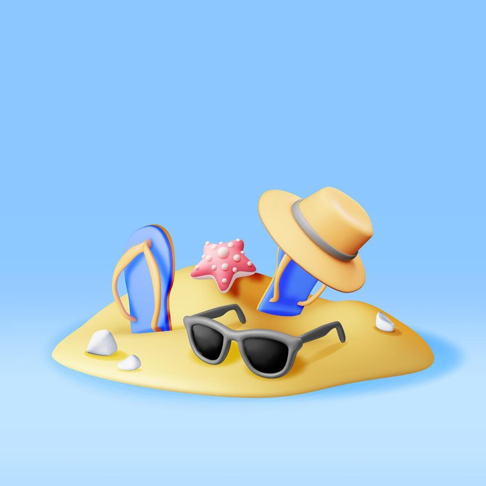 3d beach flip flops, hat, sunglasses in sand isolated. Render summer vacation composition. Summer trip icon. Concept of vacation or holiday, Time to travel. Beach relaxation. Illustration vector