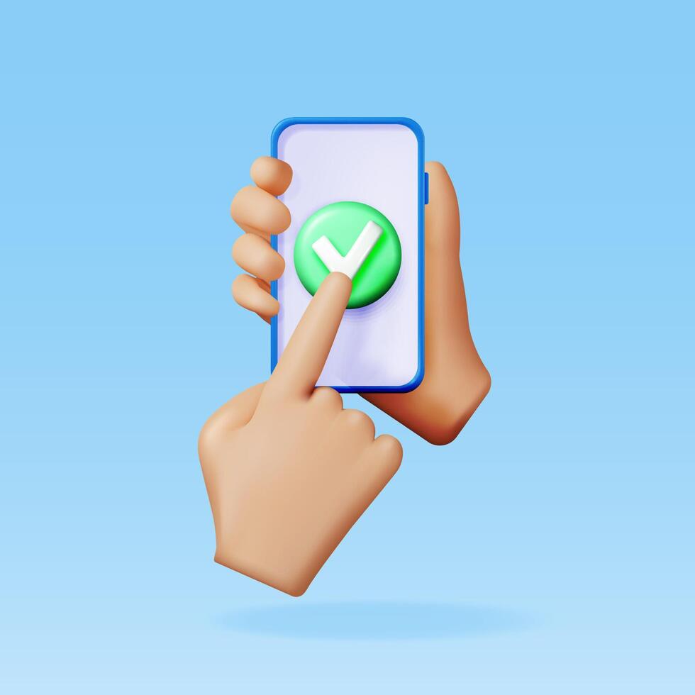 3D hand holding smartphone with green check mark. Render checkmark on smart phone screen. Confirmation, right choice concept. Agreement, approval or trust symbol. vector