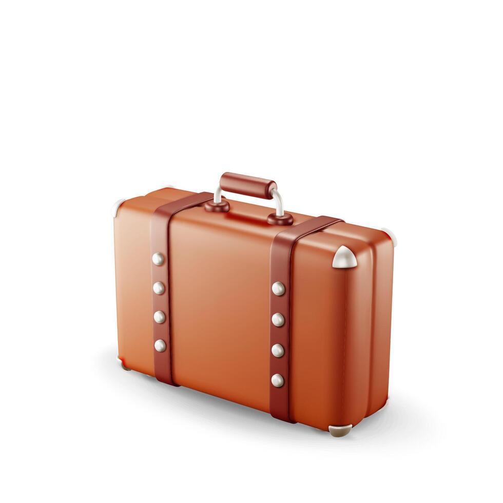 3D vintage old travel suitcase isolated. Render leather retro bag. Brown briefcase with belts. Travel baggage and luggage. Holiday or vacation. Transportation concept. vector