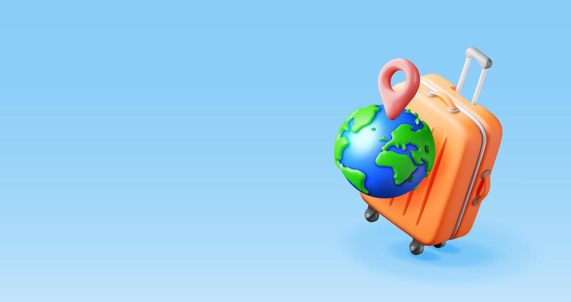3d orange suitcase with blue globe on top isolated. Render travel bag with planet earth. Travel inspired design element. Holiday or vacation. Transportation concept. Illustration vector