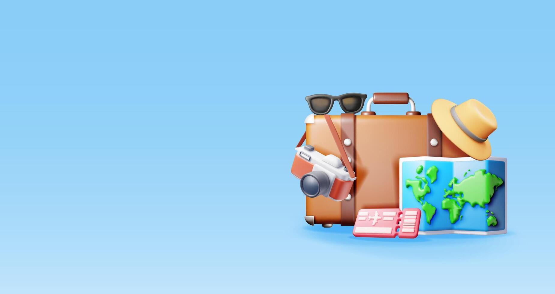 3d airline ticket, travel bag, photo camera and hat. Render paper map with sunglasses, suitcase and straw hat. Travel element. Holiday or vacation. Transportation document vector