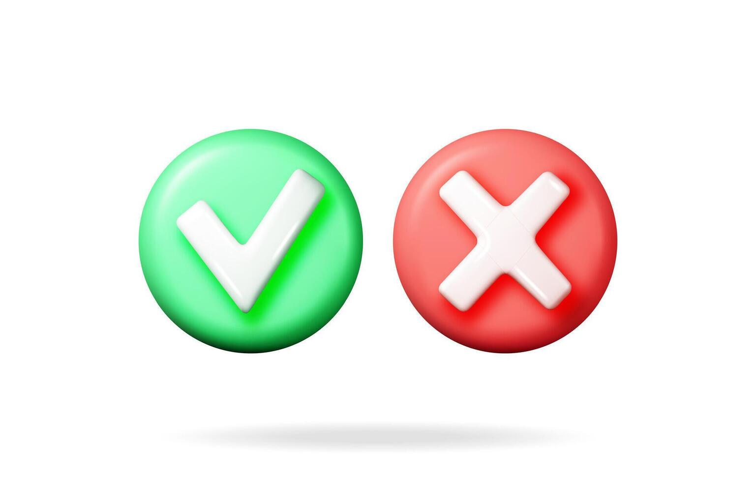 3D right and wrong button shape. Green Yes and red no correct incorrect sign. Checkmark tick Rejection, cancel, error, stop, negative, agreement approval or trust symbol. illustration vector