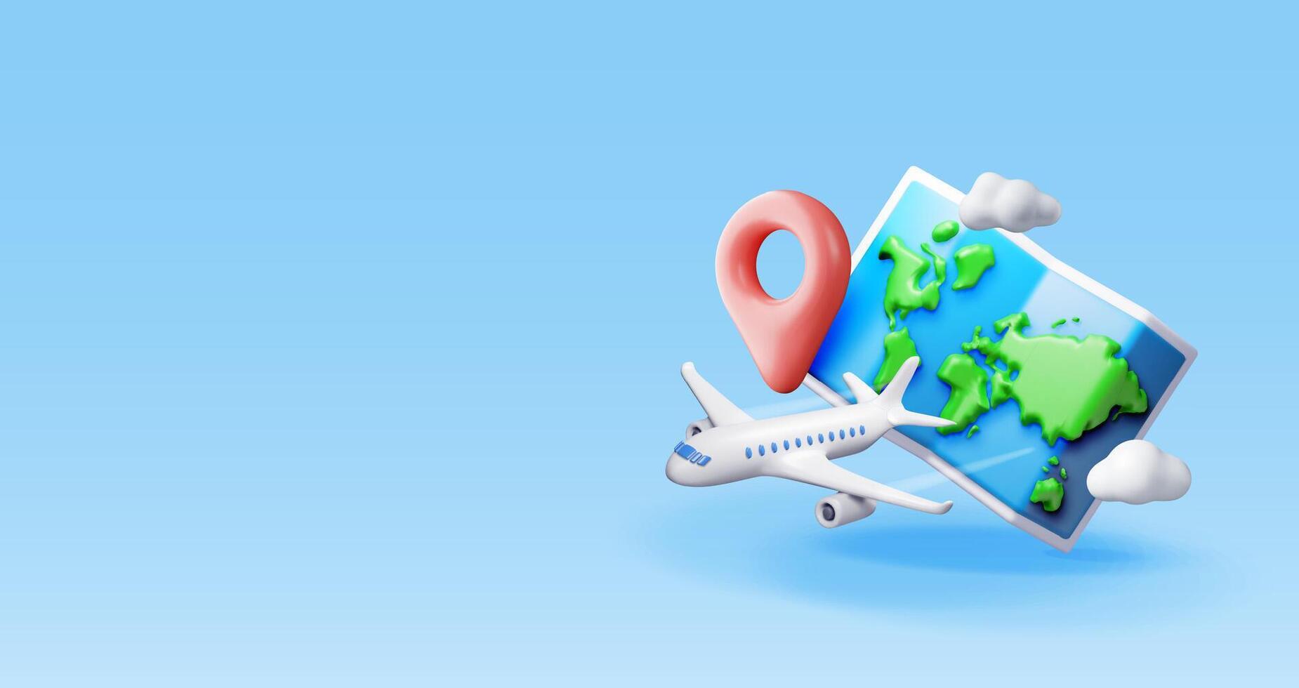 3D airplane in clouds and paper map. Render world travelling by plane. World map with location pin. Time to travel concept, holiday planning. Tourist worldwide transportation vector