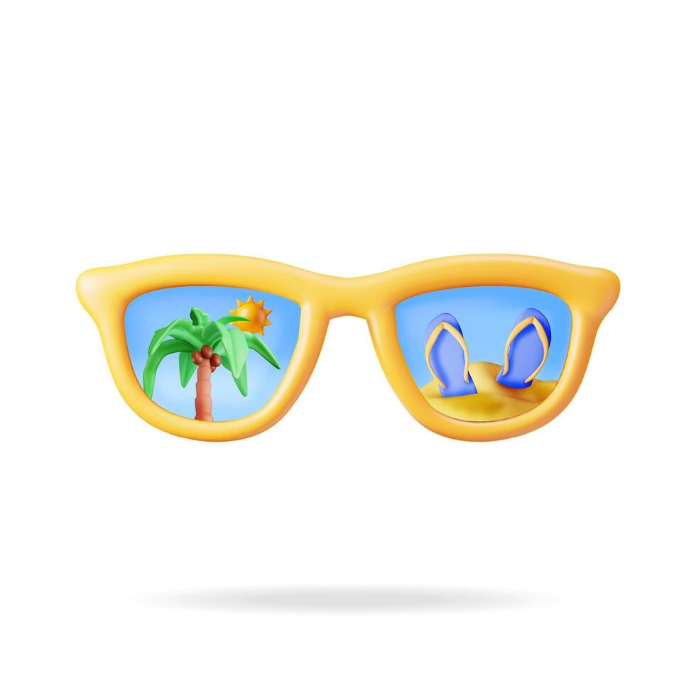 3D Sunglasses with Palm Trees and Beach Isolated. Render Summer Sunglasses with Beach Reflection. Concept of Summer Vacation or Holiday, Time to Travel. Beach Relaxation. Realistic Illustration vector