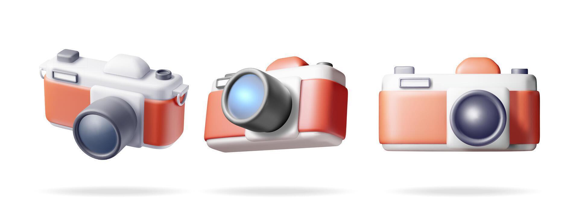 3d Set of Vintage Camera Isolated on White. Render Collection of Classic Photo Camera Icon. Concept of Vacation or Holiday, Time to Travel. Realistic Illustration vector