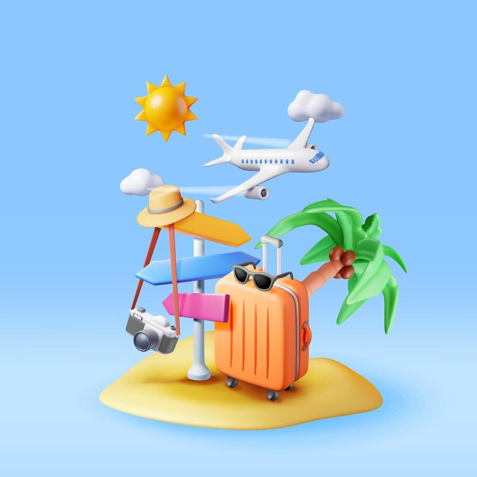 3d small island with suitcase, palm tree, pointer and airplane. Render travel bag photo camera and hat. Travel inspired design element. Holiday or vacation. Transportation concept. Illustration vector