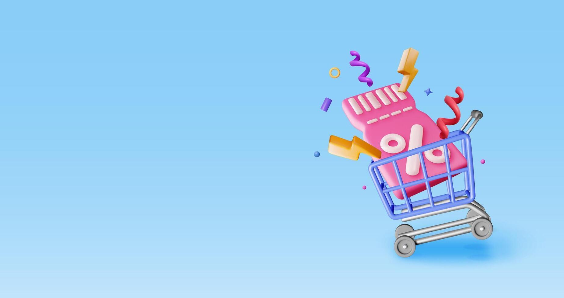 3d shopping basket and coupon with percentage symbol. Render realistic shopping cart and colorful confetti around discount voucher. Sale discount clearance. Online retail shopping. vector