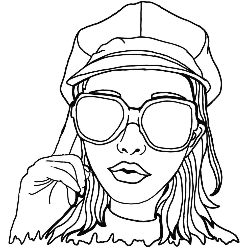 Summer Theme Beautiful Woman Wearing Sunglasses Line Art vector