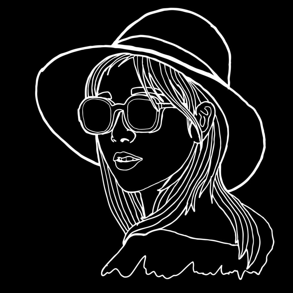 verano tema hermosa mujer vistiendo Gafas de sol blanco línea Arte vector