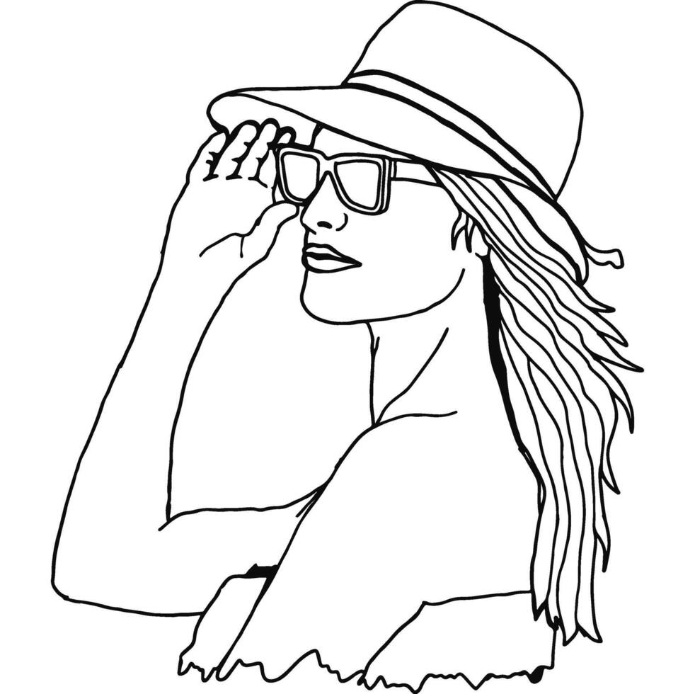 Summer Theme Beautiful Woman Wearing Sunglasses Line Art vector