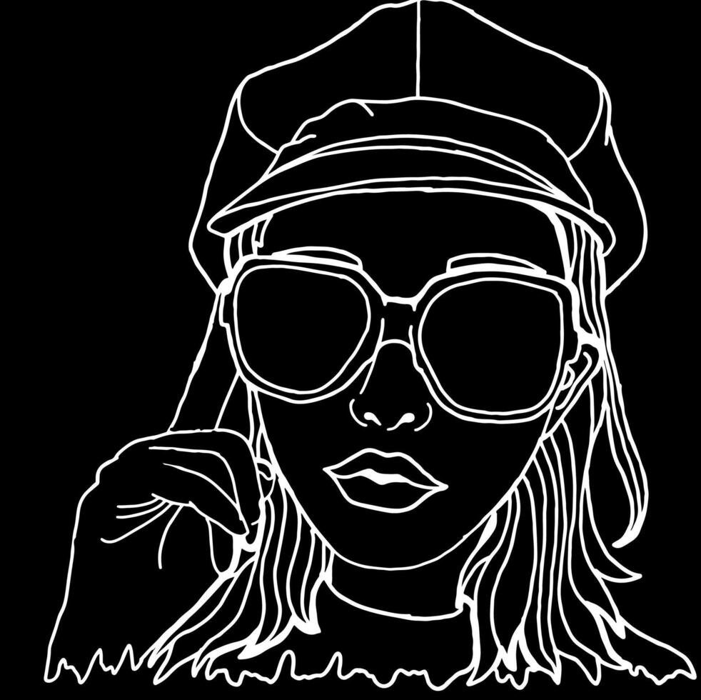 Summer Theme Beautiful Woman Wearing Sunglasses White Line Art vector