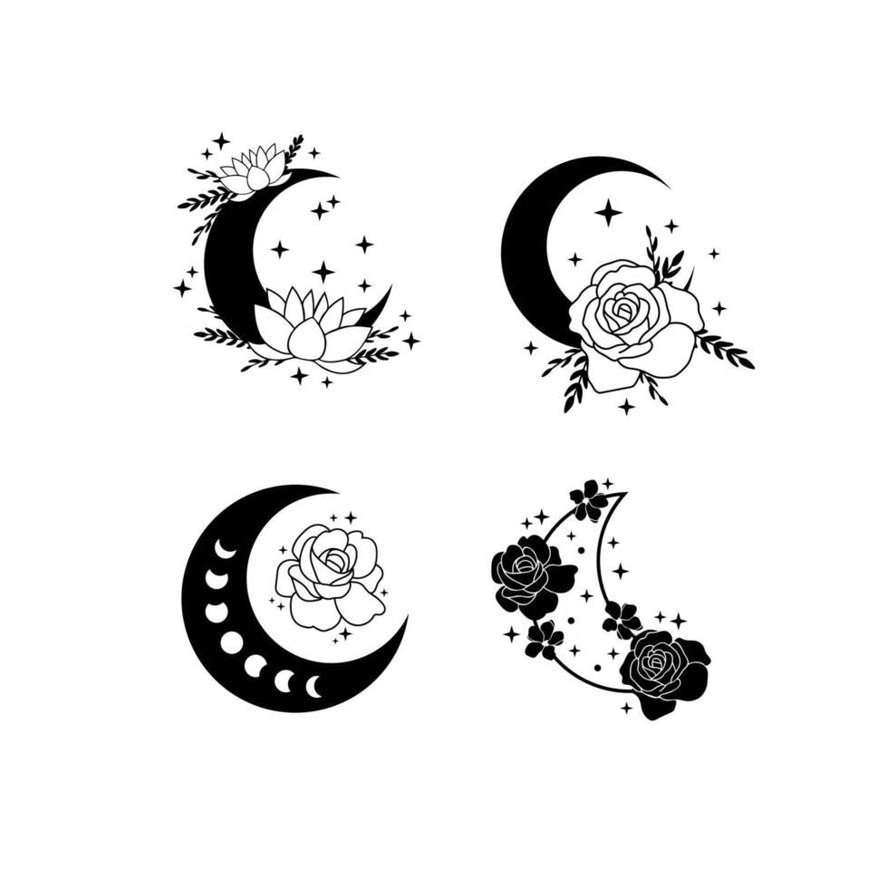 Blooming crescent moon with flowers and stars illustrations set vector