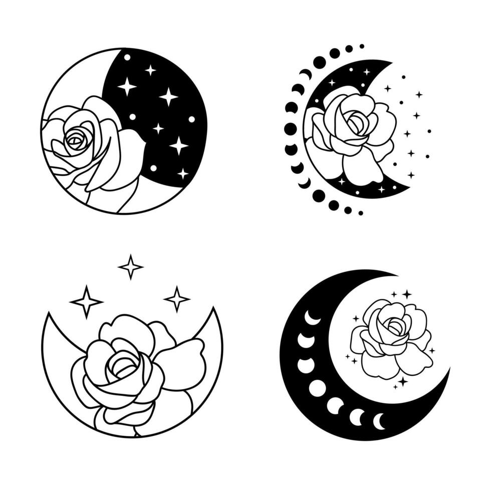 Celestial outline crescent moon with flowers and stars vector