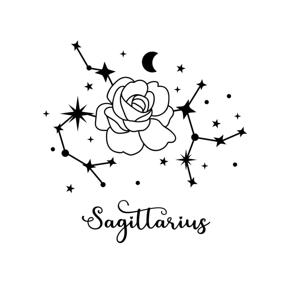 Sagittarius zodiac sign with moon, flower and stars. Celestial constellation vector