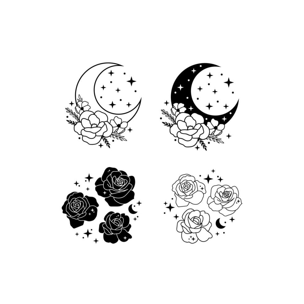 Blooming crescent moon with flowers and stars illustrations set vector